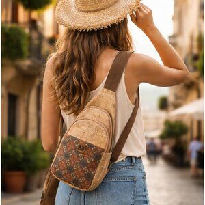 NWT Natural Cork Crossbody Sling Bag Portugal Made Eco Friendly Backpack Vegan
